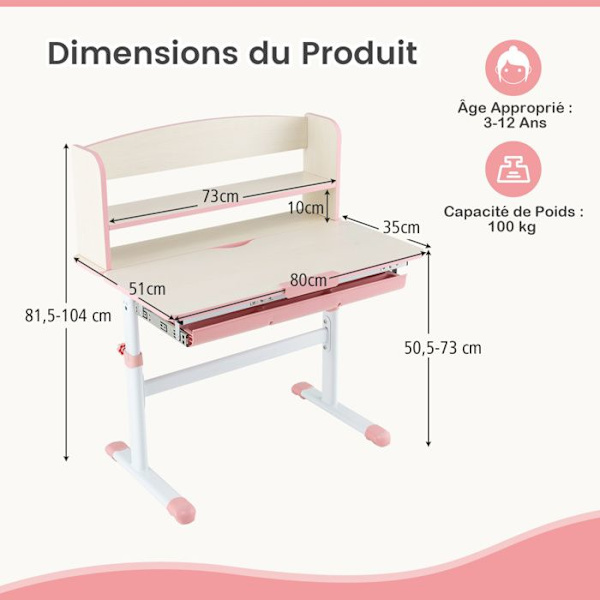 COSTWAY Studiebord för barn 3 till 12 år, höjdjusterbar lutningsskiva 50,5-73 cm, låda, måttstock, rosa