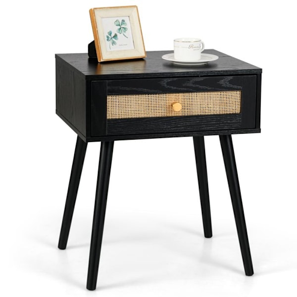 COSTWAY Rattan sengebord med skuffe, træben, natbord til stue, soveværelse, 48 x 40 x 58 cm, sort Svart