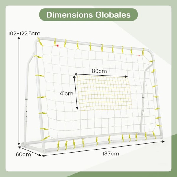 COSTWAY Børnefodbold Rebound Net-2 i 1-187 x 60 x 122,5 cm-5 Vinkler Justerbar-Metalramme-Fodboldtræning-Hvid