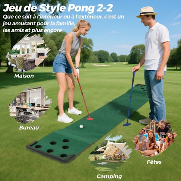Golf Putting Mat 332 cm COSTWAY med 2 Justerbare Puttere, 6 Bolde og 12 Hul Låg, til Familiefester
