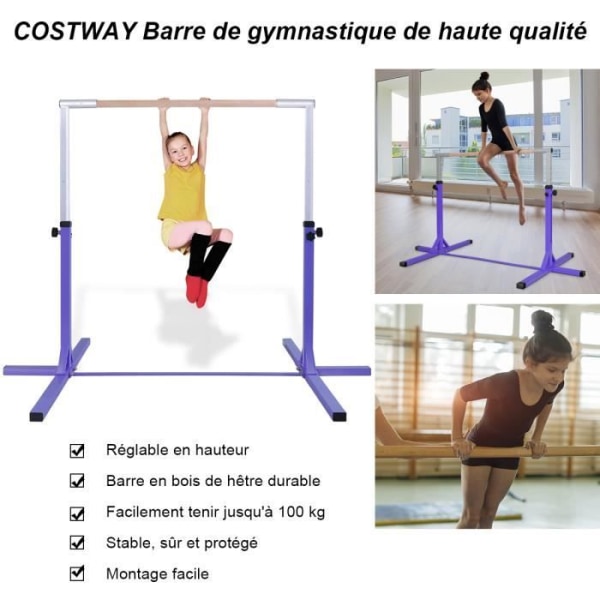 COSTWAY Steel Gymnastikstang Højdejusterbar fra 91 til 150 cm Belastning 100 kg til skole, hjem, have Diameter 4 cm Lilla