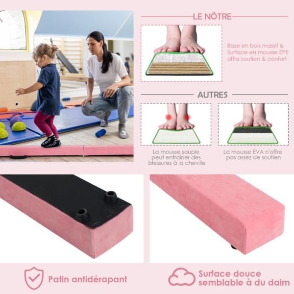 Vikbar gymnastikbalk för barn - COSTWAY - Rosa mockaöverdrag - 210 cm - 70 kg