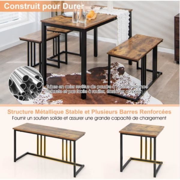 COSTWAY köksbordsset - 2 bänkar - 2 pallar, industriell stil, rustik brun och svart metallstomme