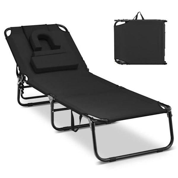 COSTWAY 5-positions justerbar foldbar loungestol - nakkestøtte og ansigtshule, til terrasse, camping, 160 kg, sort Svart