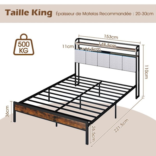 Lys Plattform 140 x 200 cm COSTWAY, LED-belysning, Opladningsstation, Polstret Hovedgærde i Linned med 2-niveau Opbevaring Rustik kastanjebruna och svart och 