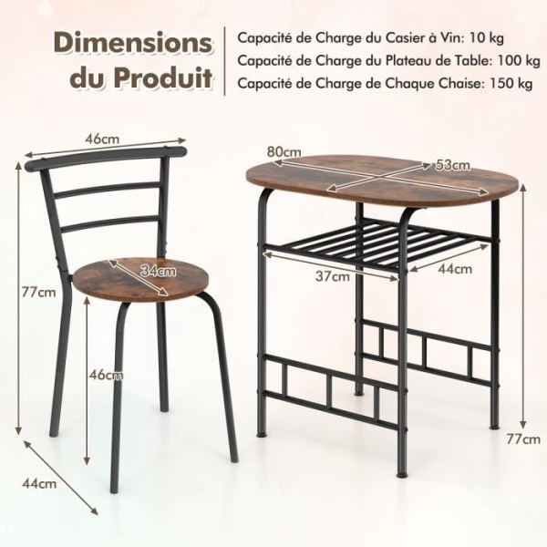 COSTWAY Matsals- och köksbord och 2 stolar, med vinställ, metallram, 80 x 53 x 77 cm, brun