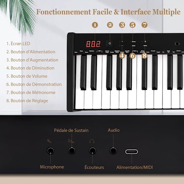 COSTWAY bærbart elektrisk tastatur 61 taster med justerbart stativ Foldbart polstret bænkstativ Mikrofon Headset Audio Begynder