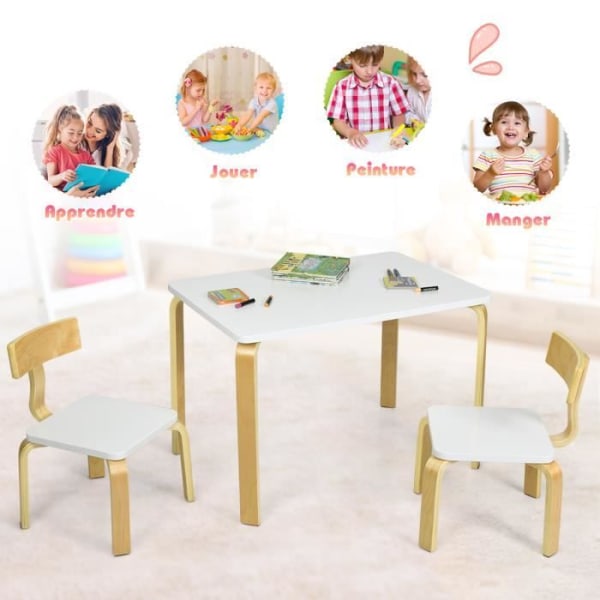 COSTWAY barnbord och stolar, innehåller 1 bord och 2 stolar, bra skydd mot böjt trä, perfekt för inomhusbruk