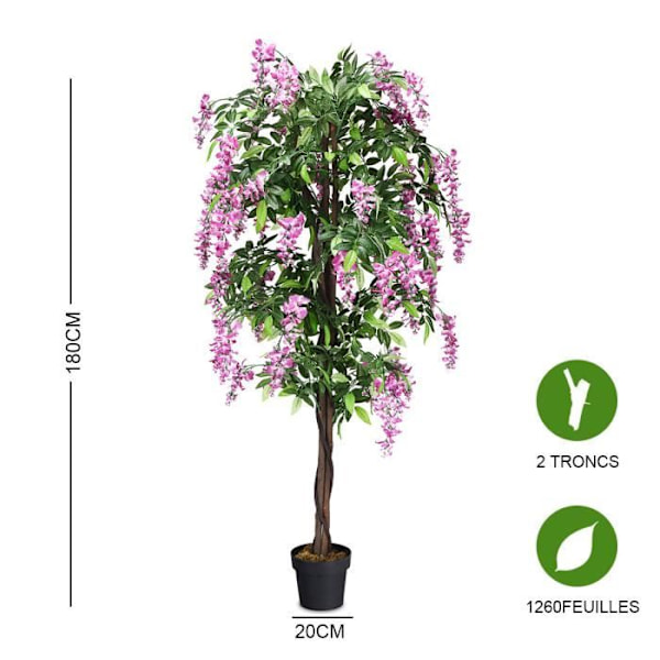 Keinotekoinen kasvi vaaleanpunaisilla tekokukilla 180 cm:n väärennöspuu ruukulla sisä- tai ulkokäyttöön Wisteria