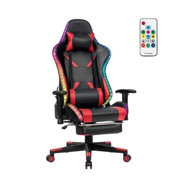 COSTWAY RGB Gaming Stol, Gamer Fåtölj LED-belysning 358 PU-effekter med ryggstöd, höjd och justerbart fotstöd Röd