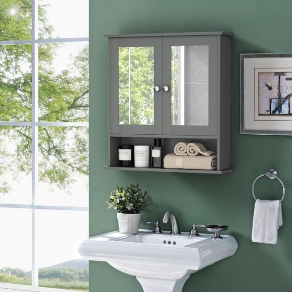 COSTWAY badrumsskåp med spegelförvaringsenhet med 3 hyllor och 2 dörrar 56,5 x 13 x 58,5 CM Grå