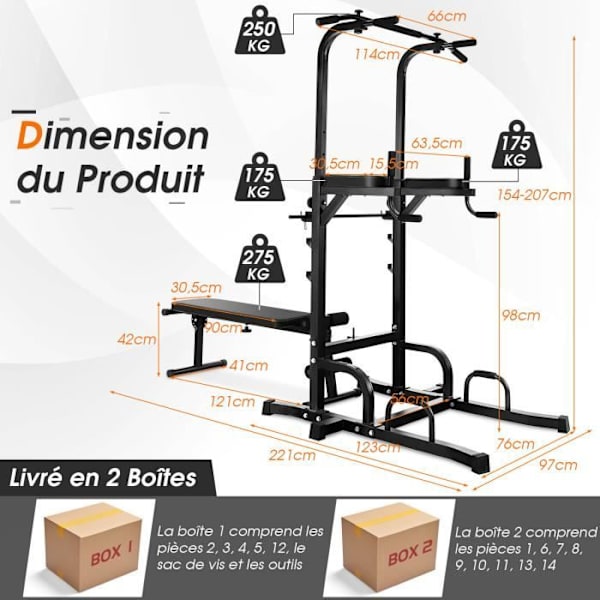 COSTWAY Multi-Function Pull-Up Station med hopfällbar viktbänk, Chin Up Bar, armbågsskydd justerbara höjder