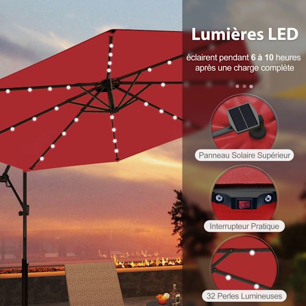 Parasoji Δeporté φ300 x 245cm - COSTWAY - 32 LED:llä - Ristikkotuki - Kallistussäätö - Mekaaninen kammio - 360° kierto - Punainen
