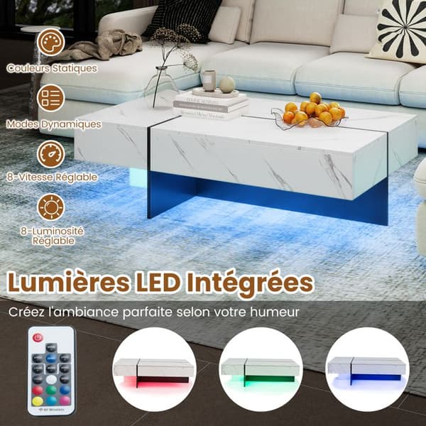 LED Kaffeebord COSTWAY 120 x 70 x 35 cm, 3 Förvaringslådor, Rektangulär Centrummöbel för Vardagsrum, Vit Marmorimitation Vit