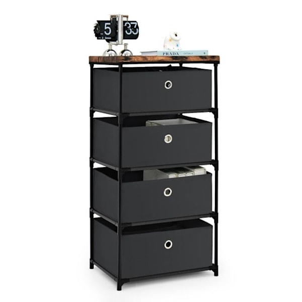 COSTWAY kommode med 4 stofskuffer 42 x 33,5 x 84,5 cm, med metalramme, opbevaringsskuffemøbler til soveværelse, industri, sort Svart