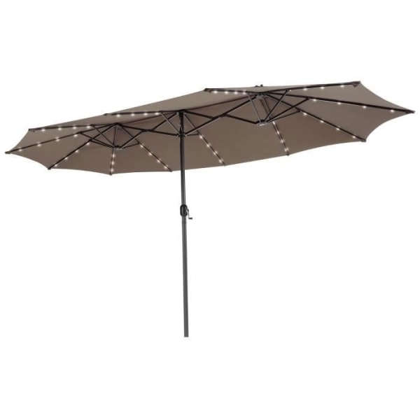 COSTWAY dobbelthaveparasol med 48 LED solcellelys, 12 ribber, 470 x 280 x 246 cm, til terrasse, gårdhave, brun