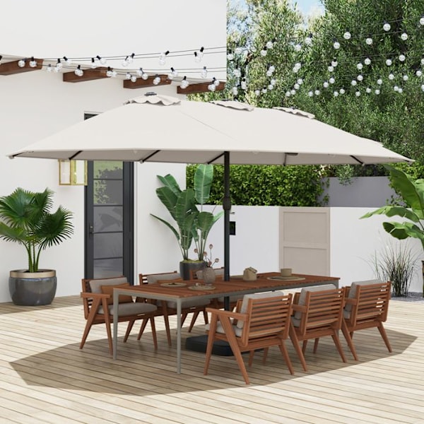 COSTWAY Dubbel XXL Parasol 464x286x198cm - Bas ingår 2 Sandsäckar - UV-skydd 12 Ribbor - Rektangulär Vevarm Beige