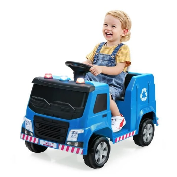 COSTWAY 12V elektrisk sopbil för barn 3-8 år gamla, 6 återvinningstillbehör, lampor, musik, blå