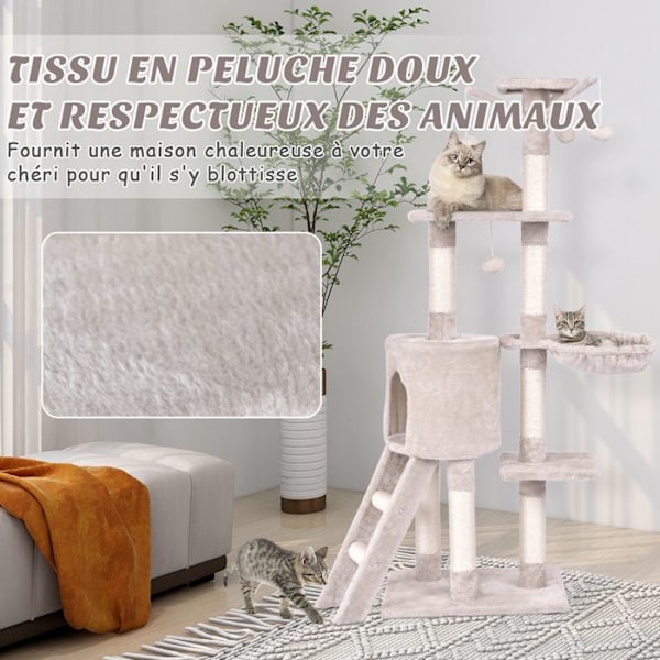 Multi-niveau katte træ 140 cm COSTWAY, sisal kløemøbler, condo, kurv, siddeplads, stige, pomponstang, hængende bolde Beige