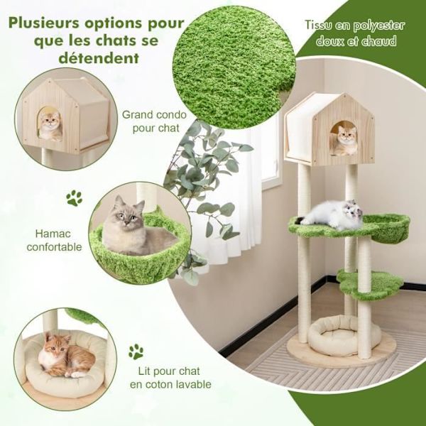COSTWAY Cat Tree 139 CM Trä - Skrapstolpe, lägenhet, korg, kattsäng, 2 plattformar - Cat Play Tower