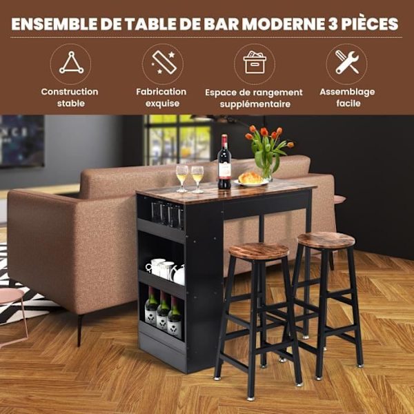 COSTWAY Høj Bar Bord Sæt med 2 Stool H70cm, 3-Niveau Sidehylde, til Køkken, Restaurant