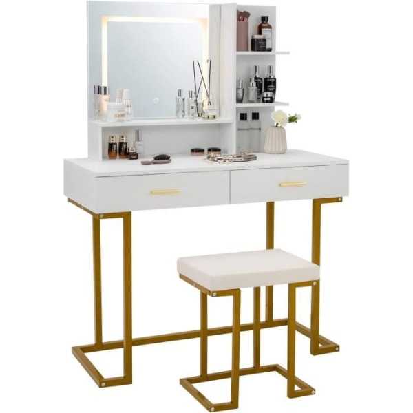 COSTWAY Sminkbord med upplyst spegel och pall, stålram med 2 lådor, 2 hyllor för sovrum, garderob