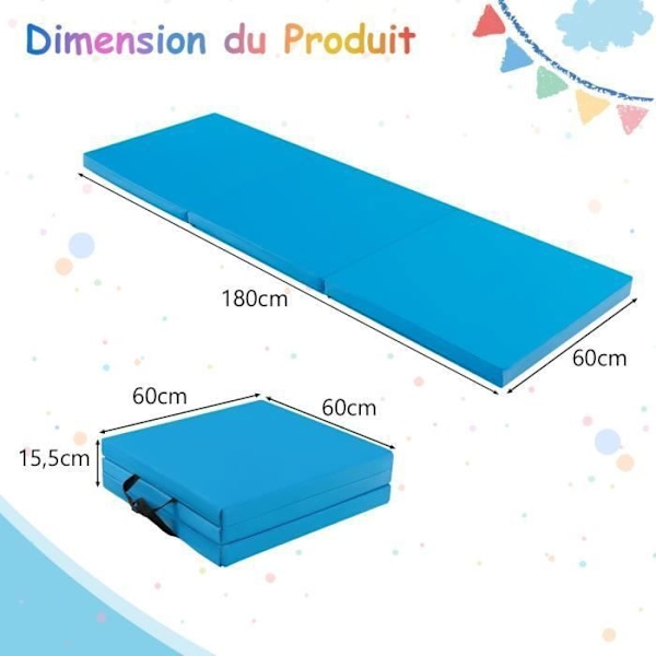COSTWAY Foldbar gymnastikmåtte-180 x 60 x 5 cm-3 lag med håndtag-kroge- og løkkebefæstelser-vandtæt PU EPE-fyld-blå Blå