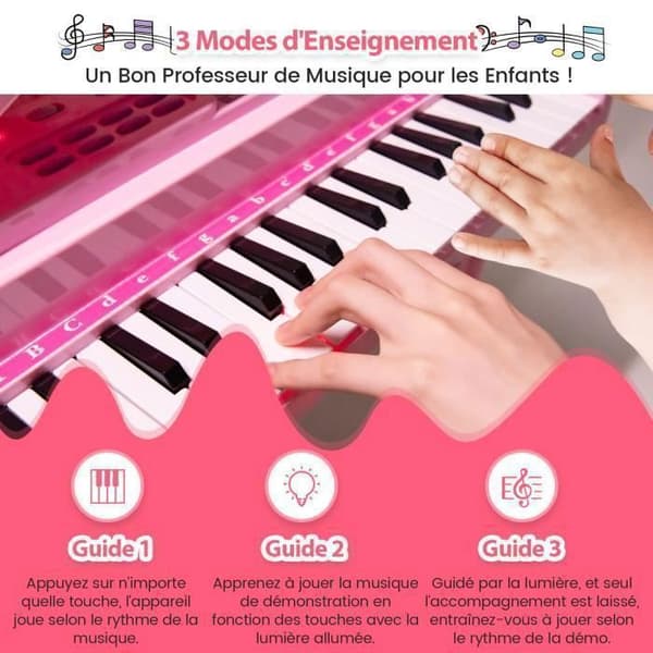 Klaver til Børn 37 Taster med Taburet COSTWAY Mikrofon, 3 Undervisningsmetoder LED, MP3 8 Musikstile, 22 Sange Rosa