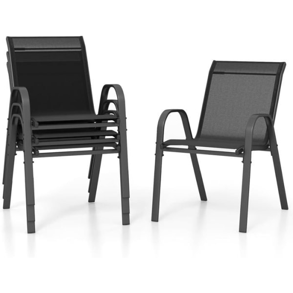 COSTWAY Sæt af 4 Havestole, Tekstil i Textilene, Stapelbare Spisestole med Armlæn, til Patio Terrasse, Sort Svart
