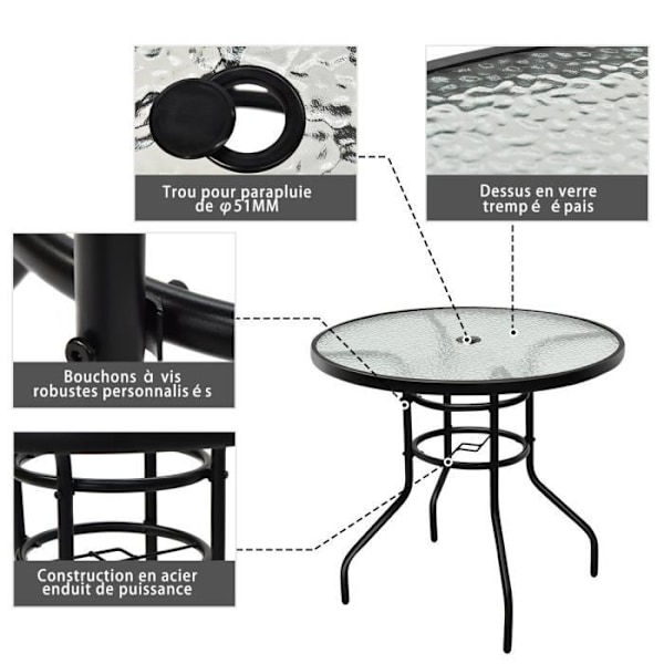 COSTWAY Rund Havebord i hærdet glas med parasolhul, Plade ø 80 CM, til Bistro Patio Terrasse, Sort Svart