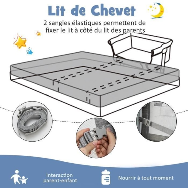 COSTWAY Bærebrus Cododo Baby Portable 4 i 1 Madras, Net, Opbevaringskurv, 2 Elastiske Remme Højdejusterbar 0-6 Måneder Grå Grå
