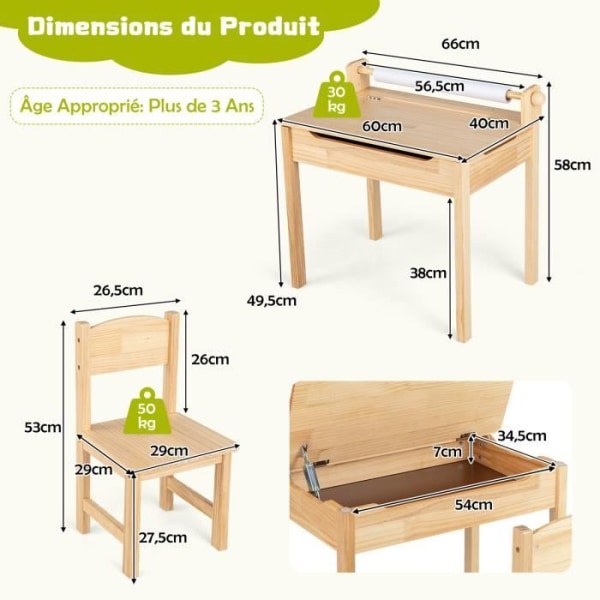 COSTWAY børneskrivebord med stol, papirrulle, foldeplade (skjult opbevaring) Træ i 3+ år, naturlig Naturlig