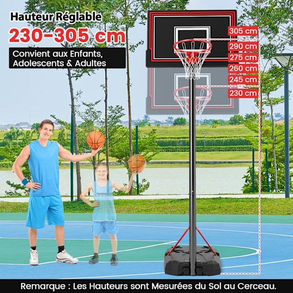 COSTWAY Fritstående Basketball Bøjle-Justerbar Højde 230-305cm-Uknuselig Backboard-Fyldbar Base-Hjul-Voksne/Børn