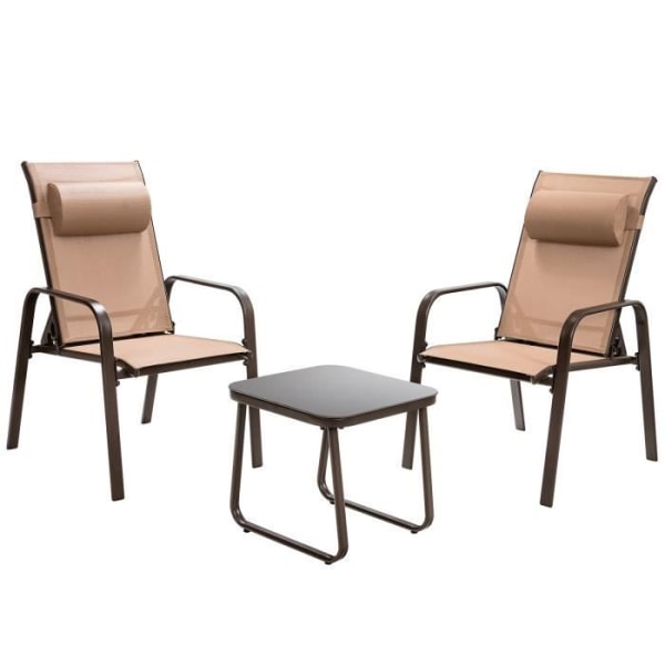 COSTWAY Trädgårdsmöbelset, 2 stolar med 3-nivå justerbart ryggstöd, soffbord i härdat glas i brunt textilentyg
