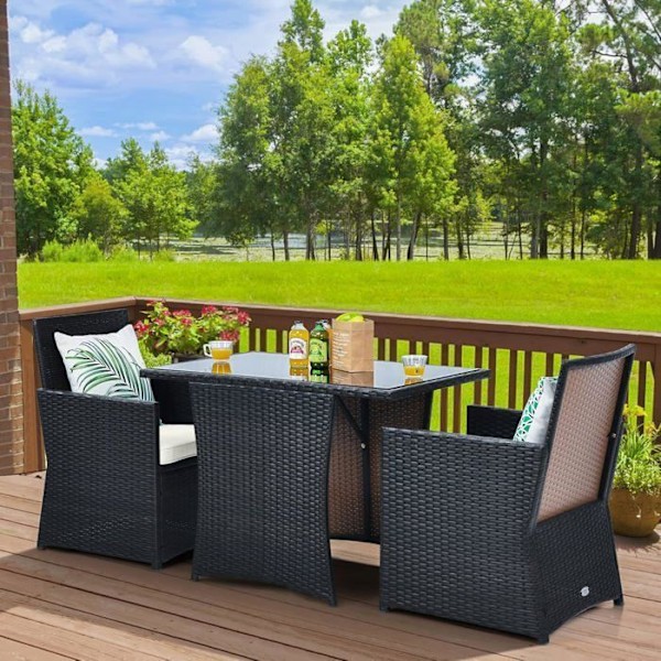 Ensemble 3 pièces table et chaises de jardin COSTWAY en rotin PE anti-UV - salon de jardin avec coussin amovible Blandat brunt