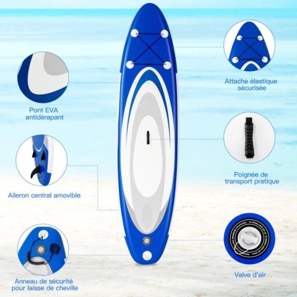 COSTWAY Stand Up Paddle Board Uppblåsbar 305x75x15cm i PVC Tillbehör Justerbar Paddle 160-210 cm Ryggsäck koppel Pump Last 120kg