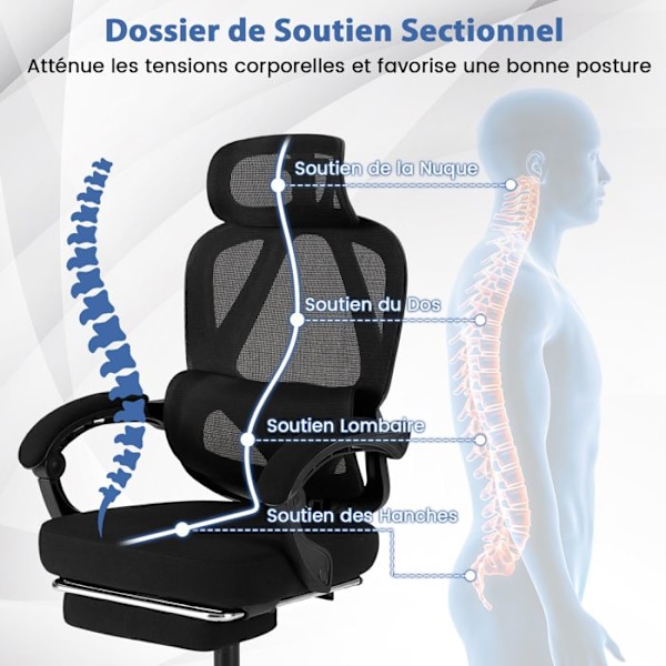COSTWAY Ergonomisk Kontorstol - Høj Mesh Ryglæn med 135° Tilt, Retractable Fodstøtte, Justerbar Lændestøtte