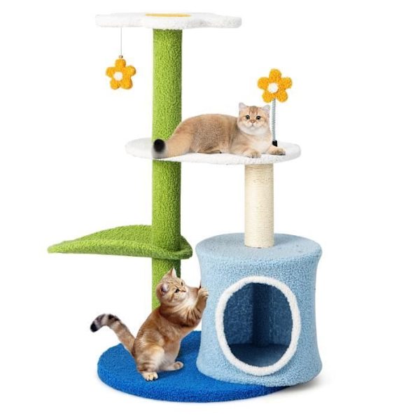 COSTWAY:n kukkamuotoinen kissapuu 87 CM, luonnollinen sisal-kennel ja raapimistolpat, 5-tasoinen kissatorni pehmopalloilla