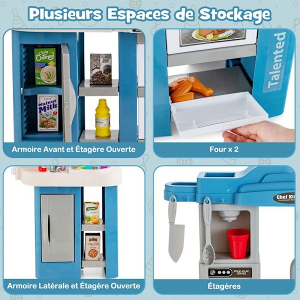 COSTWAY Barnkök 67 Dinettes Tillbehör - Ljud, Ljus, Dampfunktion och Kokning för 3 år+ Blå
