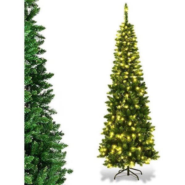 Konstgjord LED-julgran 225cm COSTWAY-350 Varmvita lampor-1085 Grenar PVC-nålar-hopfällbart metallstöd Grön