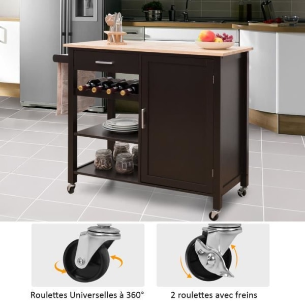 COSTWAY Køkkenvogn/Trolley på hjul - 100 x 48 x 90 CM - Køkkenø - Skuffe - Skab - Håndklædestativ - Brun