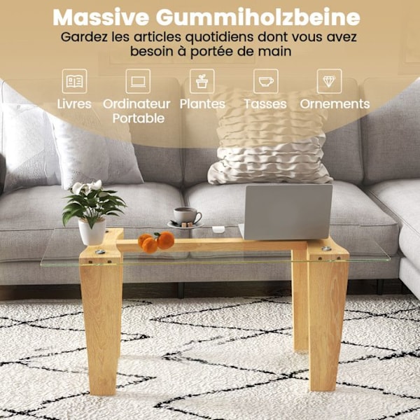 COSTWAY Rektangulärt Bordsunderrede i Härdat Glas, Ben i Gummiträ, Modern Bord 100x50x45cm, Vardagsrum Hem Kontor, Natur Naturlig