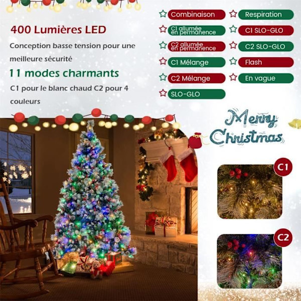 COSTWAY keinotekoinen joulukuusi 215 cm, 400 LED-valoa, 11 valaistustilaa, 70 käpyä ja 70 punaista marjaa, 1116 oksaa Grön