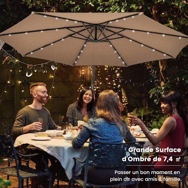 Parasol Déporté 3M - 40 LED-lys - COSTWAY - Krydsbase Sandpose - Beige - UV-beskyttelse 20+ Solcelle 6 Timer Beige