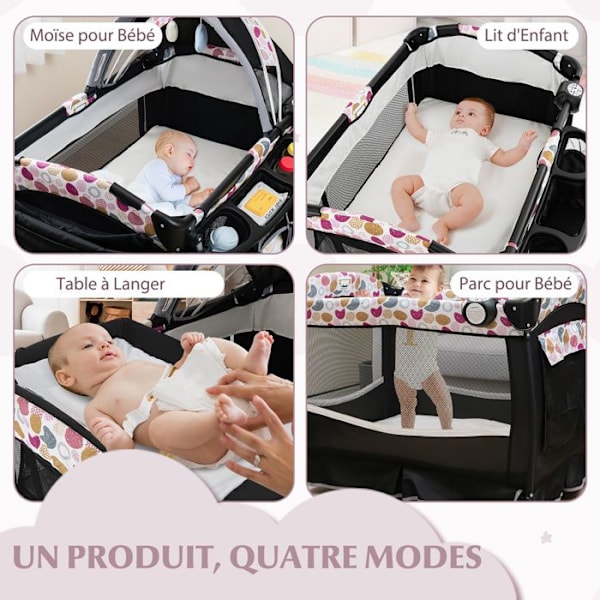 COSTWAY 4 i 1 hopfällbart babyparaply säng-med madrass, speldosa, justerbart tak-hopfällbart skötbord-3 år-lockigt svart