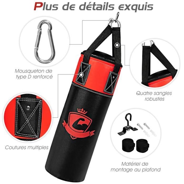 COSTWAY børnes boksesæk 60 cm-boksehandsker-bandage 240 cm-opbevaringspose-fyldt stof, sand-MMA, karate, taekwondo-sort