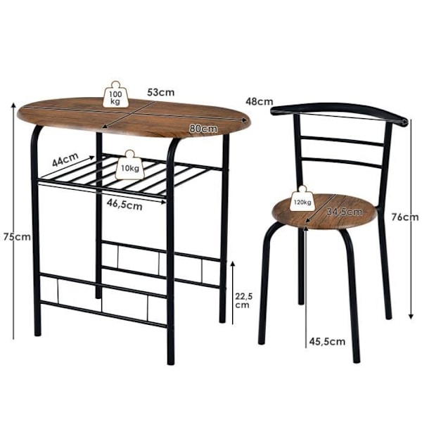 COSTWAY Spisebordsensemble med 2 Stole, Køkkenbord: 80 x 53 x 75 cm (L x B x H) Brun + Sort Metalramme Brun + Svart
