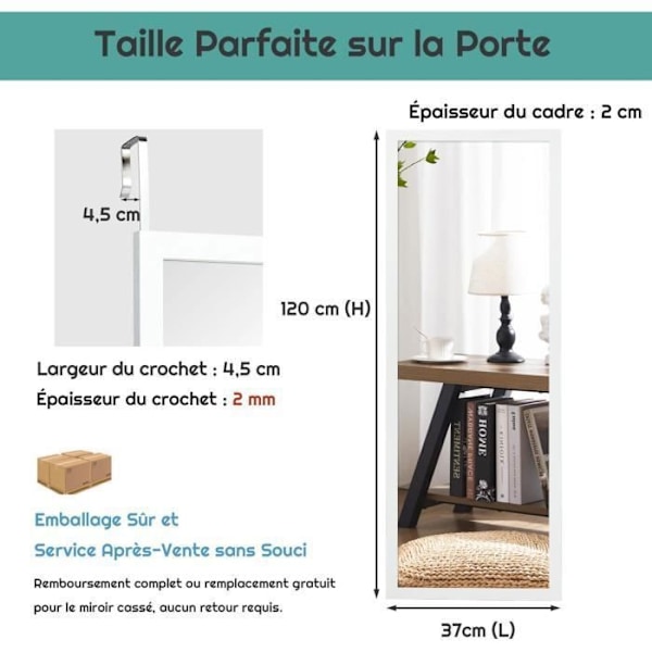 COSTWAY hængende vægspejl, dørspejl 120 x 37 CM med hængekroge, til soveværelse, stue, garderobe hvid