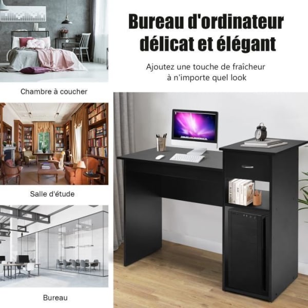 COSTWAY opretstående computerbord - sort dekoration - L 108 x D 39,5 x H 82 cm - 1 skuffe og 2 opbevaringsrum - moderne
