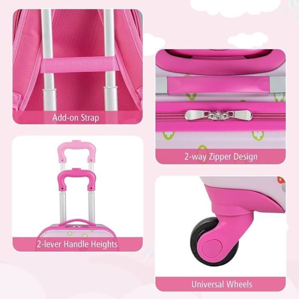 COSTWAY barnväska på hjul 16'' + 12'' ryggsäck, barnbagageset med ugglemönster, flygresor, rosa Rosa